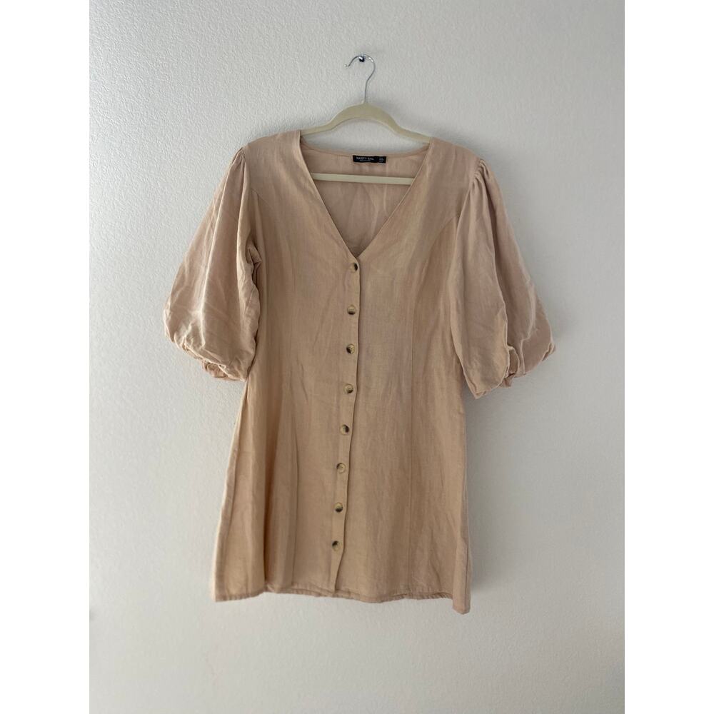 Nasty Gal Tan Cotton Linen Blend Button Front Mini Dress Puff Sleeve (Size 10)
